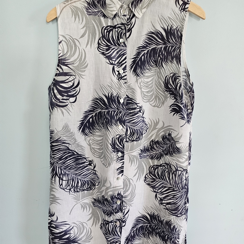 Lina Tomei Chic Monochrome Feather Print Italian‎ Linen Midi Dress